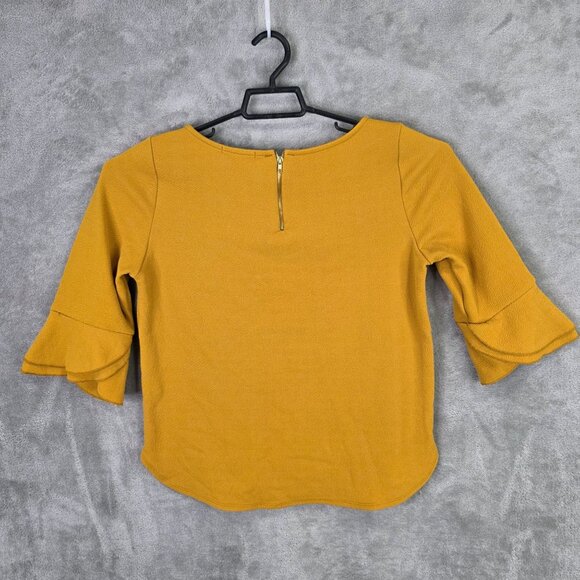 Womens Green Envelope Mustard Yellow Bell Sleeve Top Polyester Stretch Size L - Picture 4 of 7